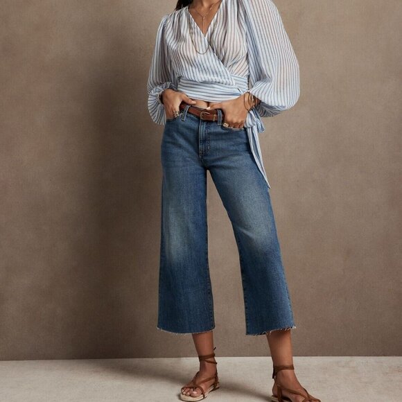Banana Republic Denim - Banana Republic Women Sz 12 / 31 High Rise Wide Leg Crop Fringe Jeans 90s Y2k
